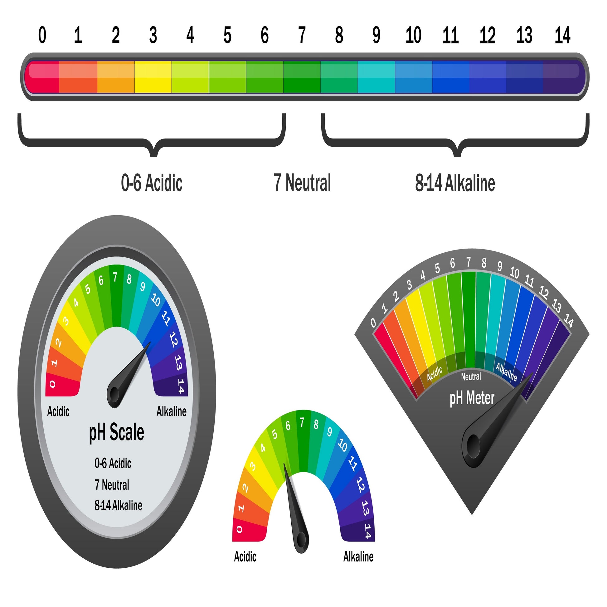 <Poster illustration of the pH scale on  linear,  triangular, and two semi-circular dials with needles from pH 0 to 6 acidic coloured red through orange, yellow and green, neutral pH 7 green, and alkaline pH 8 to 14 through blue and violet. Credit> AdobeStock_248407931