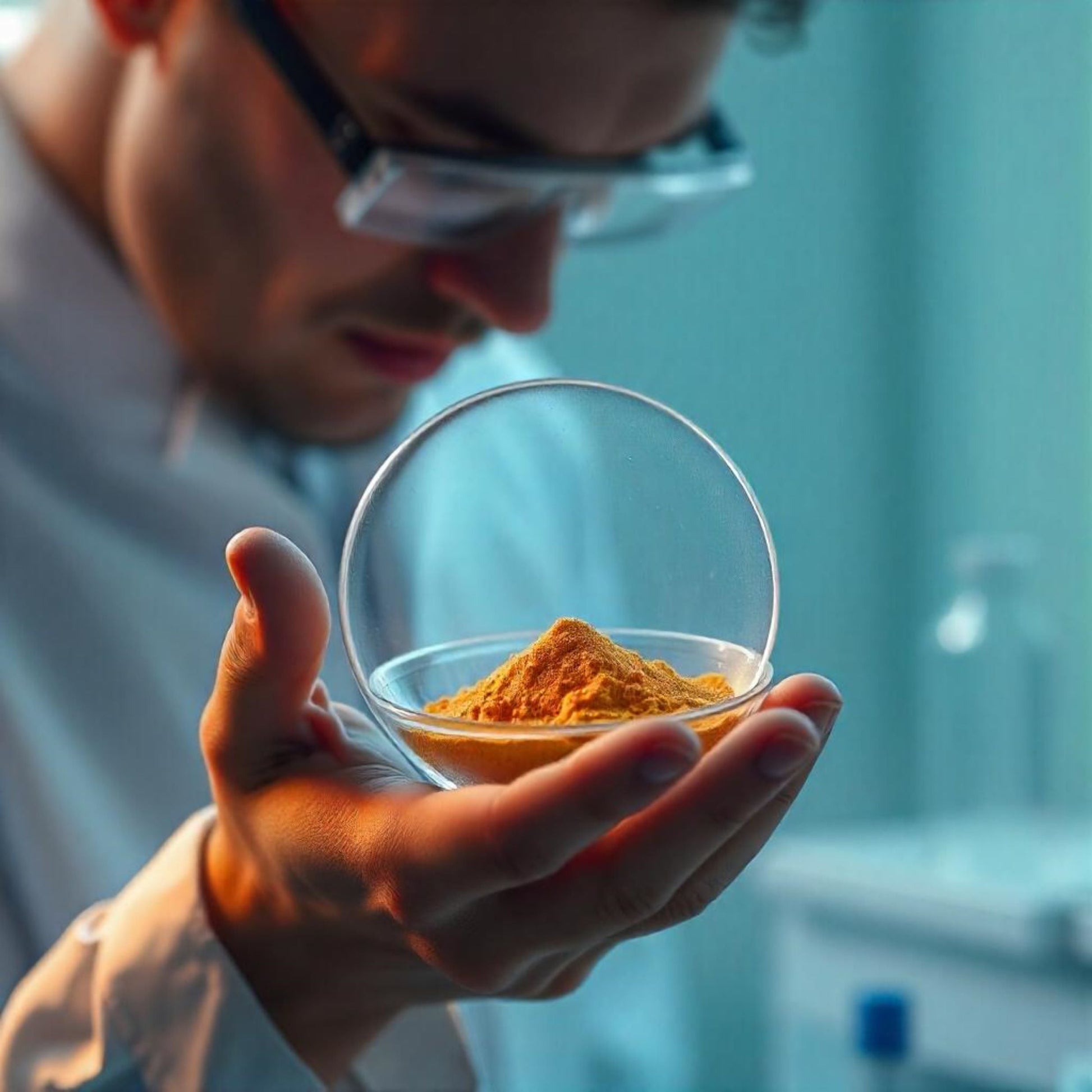 <Male lab analyst holding a glass petri dish containing a yellow brown powder. Credit> Freepik